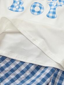 2pcs/Set Young Boy Casual Fashion Letter Print Round Neck Top And Plaid Print Shorts, Suitable For Spring/Summer Outdoor & Daily Wear - Blue and White - View 4