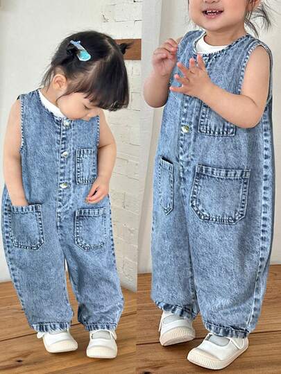 SHEIN Quần liền thân không tay màu xanh đậm denim kẻ sọc trắng cho bé gái, dáng ống côn.
