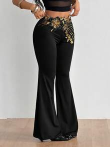 SHEIN ICON Quần ống loe bất đối xứng thêu sequin dành cho nữ, kiểu dáng retro, thích hợp cho kỳ nghỉ. - màu đen - Xem 5