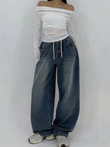 DAZY Women's Drawstring Waist Pockets Wide Leg Loose Casual Sexy Jeans Petite Swimming Pastal Summer - Blue - View 2