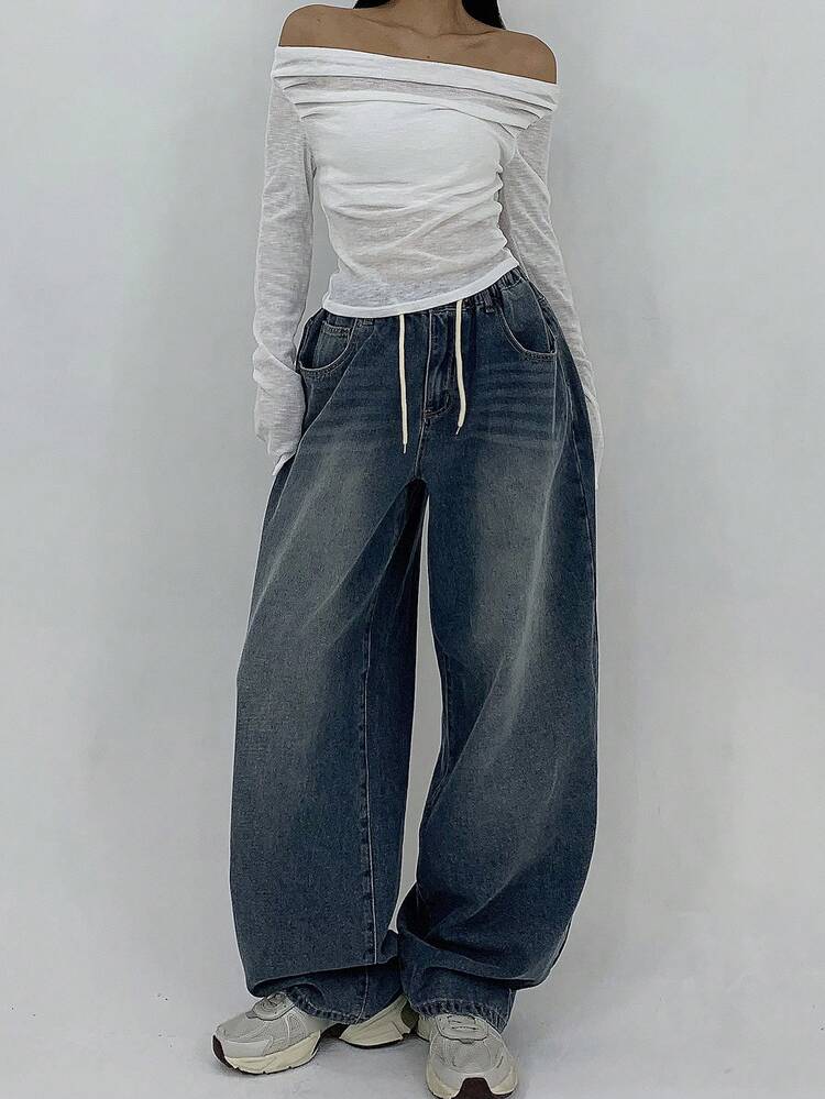 Women's Drawstring Waist Pockets Wide Leg Loose Casual Jeans
