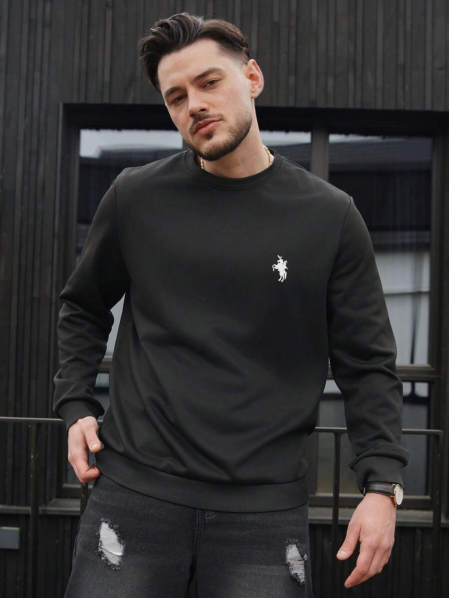LEOGASHI LEOGASHI Áo sweatshirt nam cổ tròn ôm dáng, phong cách tối giản, in hình cưỡi ngựa, thích hợp mặc hàng ngày, mùa xuân/thu. - màu đen - Xem 1
