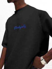 Manfinity Hypemode 男士短袖T恤，刺繡毛巾布料，百搭時尚舒適休閒上衣，度假風 - 黑色 - 查看 5