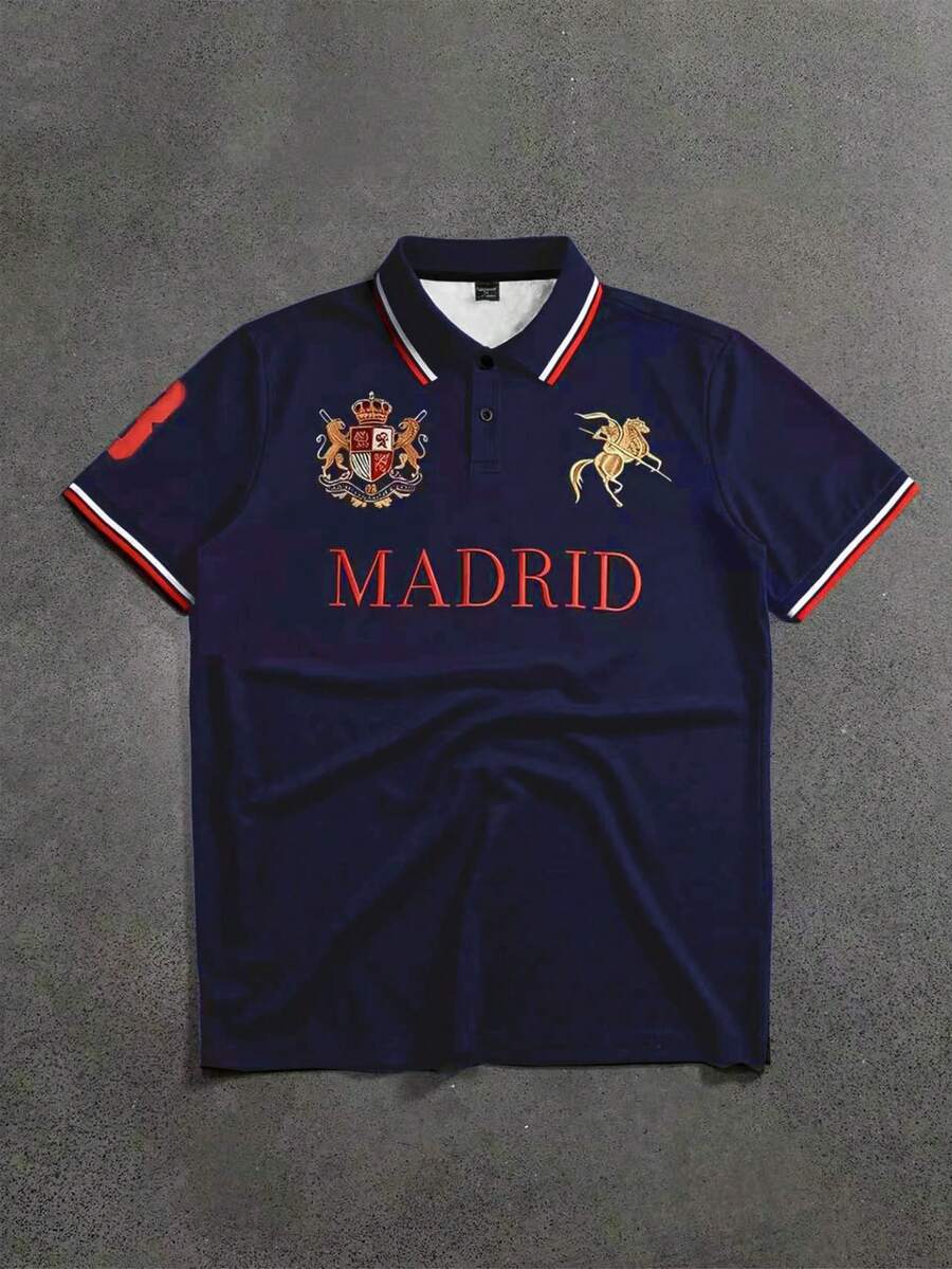 STYNVO 男士字母印花短袖休閒通勤 Polo 衫 - 藏蓝色 - 查看 1