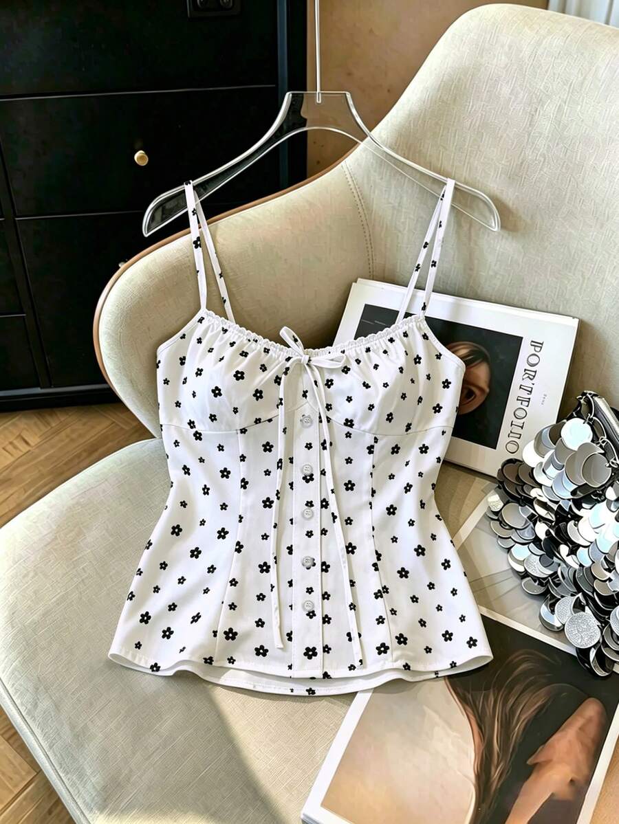 Franclia Áo hai dây nữ màu trắng in hoa, cổ chữ V, dây mảnh, thắt nơ phía trước, dáng ôm chữ A, thích hợp mặc thường ngày. - Nhiều màu - Xem 1