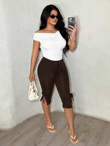 SHEIN SXY 素色蝴蝶結七分內搭褲 - 棕色 - 查看 7