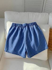 Tween Girls' Summer Casual Elastic Waist Denim Shorts With Bow Decor - Medium Wash - View 5