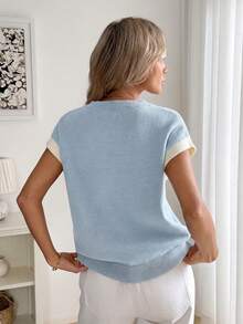 Easowa Women's Casual Commuter Everyday Contrast Color Knit Vest Block Henley Neck Pullover, Soft 2 In 1 Sweater For Women Summer Blue, Back-To-School - Blue - View 2