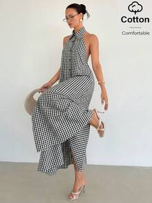 Siren Gaze Elegant Sexy Tropical Casual Black And White Checkered Plaid Cotton Dress Halter Backless Summer 90s Retro Long Vacation Holiday Gingham Button Party - Black and White - View 6