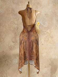 Mistrie Women's Brown Boho Summer Holiday Vacation Holiday,Vintage Paisley Print Halter V-Neck Cinched Waist Irregular Hem Chiffon Loose Beach Dress - Brown - View 2