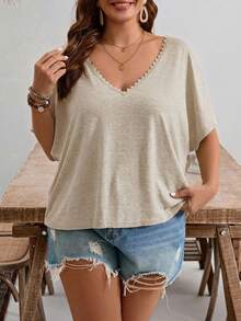 SHEIN Frenchy Plus Size Casual Lace Patchwork Twist Hollow Batwing Sleeve T-Shirt - Apricot - View 5