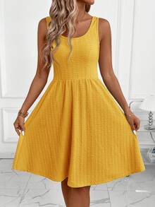SHEIN Clasi Đầm nữ thanh lịch màu xanh dương họa tiết dệt nổi, không tay, dáng chữ A, thắt eo, chất liệu co giãn, phù hợp cho nhiều dịp - thường ngày, đi làm, du lịch, nghỉ mát, phong cách Bohemian. - Màu vàng - Xem 3