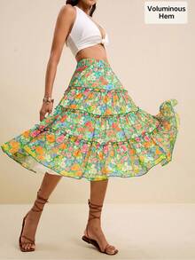 LOTSLUV Women's Emerald Green Floral And Patchwork Ruffle Hem Chiffon Print A-Line Skirt, Summer Holiday, Midi Skirts, Vacation, Festival Skirt Beach Boho - Multicolor - View 6