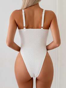 Bonvoyette Traje de baño de una pieza ajustado con tirantes ajustables, asimétrico, de tela especial con lunares blancos y dorados para primavera/verano para mujeres - Blanco - Ver 2