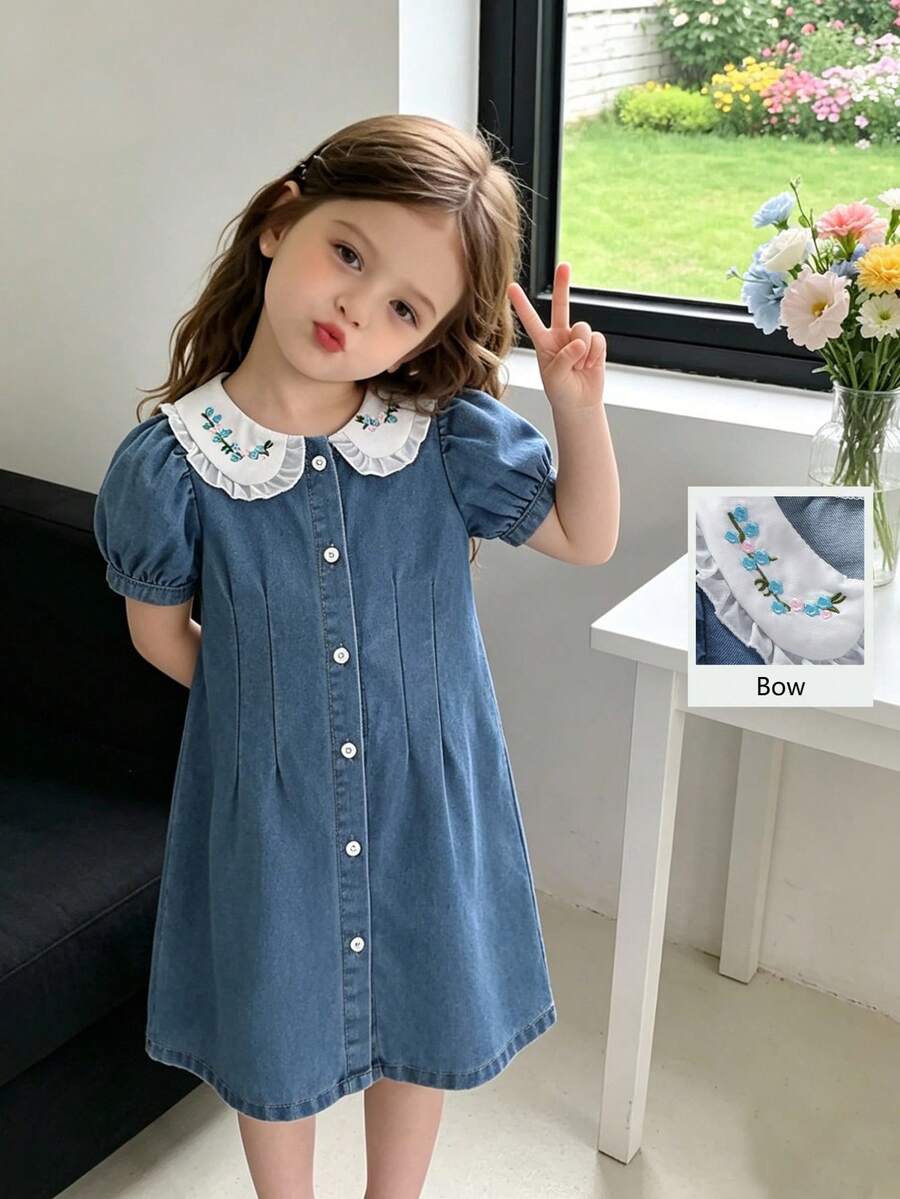 SHEIN Genkimix Kids فستان جينز للفتيات الصغيرات مع طوق بيتر بان
