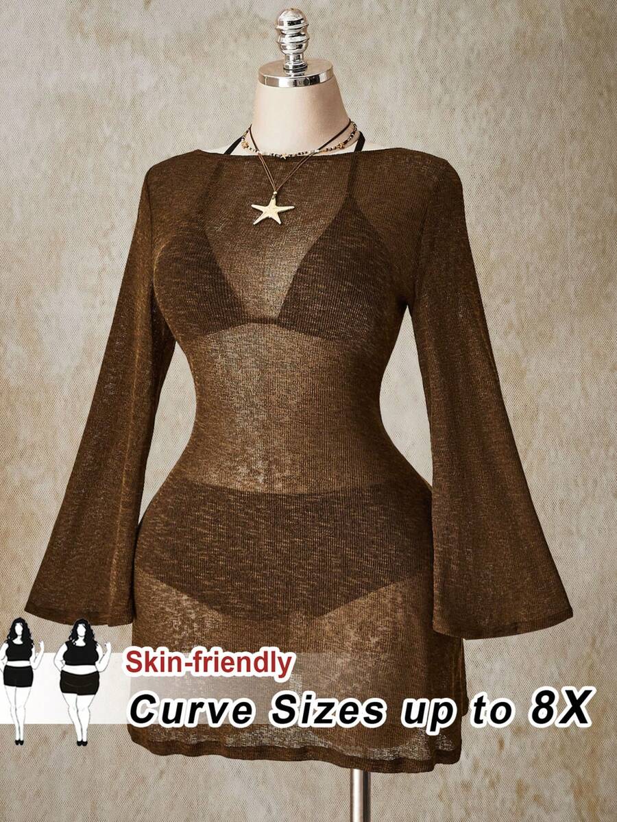 SHEIN CURVE+ Plus Size Women Brown Beach Vacation Dress - Brown - View 1