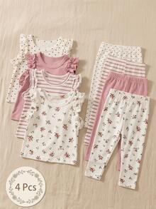 SHEIN Vintaside Kids 3 Stück/Set Baby Mädchen Sommer Casual Süß Bequem Elastisch Tops Einfarbig Rosa Apricot Gestreift Rüschen Ärmel Weste Weiß Blumen Familie Passend - Pink - Übersicht 3
