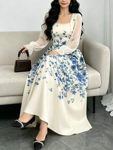 Modelyn 蓝色碎花浅杏色连衣裙，女士时尚方领灯笼袖设计连衣裙，夏季收腰长款优雅连衣裙，适合夏季度假和日常穿着 - 彩色 - 查看 4