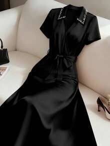 GlowEve CURVE Plus Size Elegant Versatile Beaded Dress Office Black And White Summer - Black - View 5