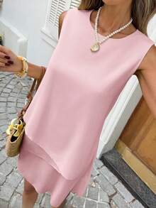 SHEIN LUNE Women's Casual Solid Color Round Neck Sleeveless Ruffle Hem Dress,Dresses For Women Summer - Dusty Pink - View 3