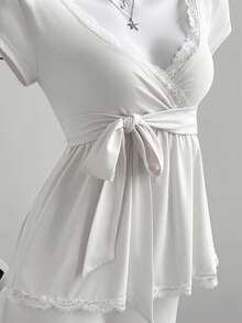 Sweetra Y2K Lace Trim Vacation Sweet Slim Fit T-Shirt - White - View 3