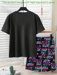 Bộ đồ ngủ cho bé trai tuổi teen, áo tay ngắn và quần short in họa tiết khối và số phát sáng trong bóng tối thời trang, đồ mặc nhà màu trơn tối giản. - màu đen - Xem 2