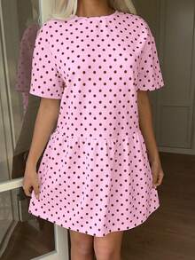 Vestido de verano para mujer, holgado, a rayas, con cuello de muñeca, informal, de manga corta, con lunares y de malla. - Rosa - Ver 5