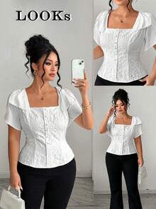 SHEIN Clasi Áo kiểu dáng thanh lịch, cỡ lớn, cổ vuông, tay ngắn, thắt eo, nơ trang trí, chất liệu vải có họa tiết, thích hợp cho công sở. - trắng - Xem 3