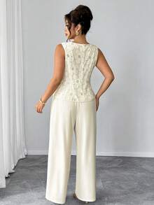Elenzga Pailletten-Mesh-Patchwork-Ärmelloses figurbetontes Hemd + passende gerade Hose 2 Stücke Set, elegant für Ausgehen, Dates, Partys, Nachmittagstee in Große Größen - Aprikosenfarben - Übersicht 2