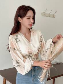 DAZY Floral Print Tie Back Lantern Sleeve Blouse,Long Sleeve Tops,Ruffle,Fall Women Clothes Vacation Outfits Women Easter Boho - Beige - View 5