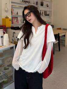 DAZY 女款純色休閒韓風 2 合 1 長袖可愛上衣 T-shirt - 白色 - 查看 1