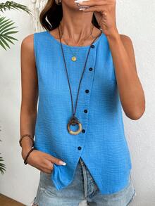 Balvessa Women's Elegant Casual Linen-Like Blue Round Neck Button Detail Vest, Spring/Summer - Blue - View 8