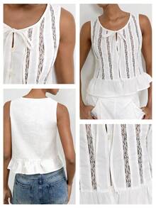 Maija Débardeur décontracté pour femmes, blanc, d'été, élégant, avec dentelle contrastée, nœud devant, ourlet à volants, pour tea party, vacances à la plage, style campagnard - Blanc - Voir 6