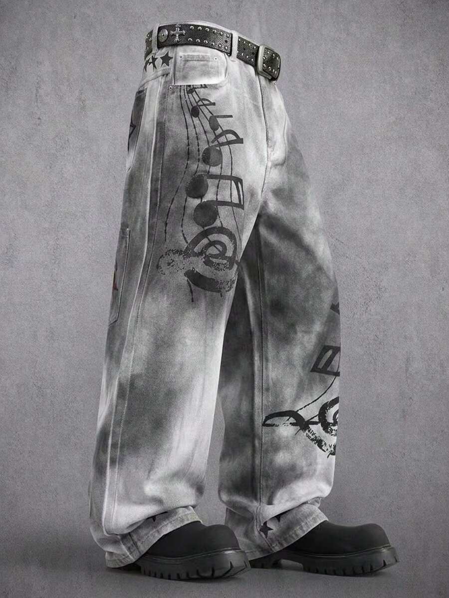 Manfinity Denimwave Men's Denim Print Distressed Straight Leg Flare Pants - White - View 1