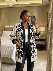 SHEIN Lady CURVE Abrigo delgado de color albaricoque con estampado negro posicionado, de corte holgado y casual, adecuado para el uso diario, otoño, invierno 2025 nuevo, otoño, talla grande - Albaricoque - Ver 7