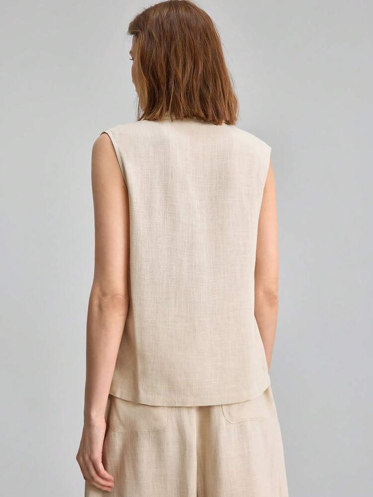 2026 SS New Linen Blend Women's Loose Fit Sleeveless Top, Solid Apricot Color, Minimalist Elegant Urban Chic V-Neck Collar Design, Woven Fabric, Suitable For Outings, Vacations, Parties, Meetings, Office, School, Casual Commute, Versatile Women's Tank Top, Unisex Fashion Design, Independent Day, Old Money