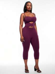 SHEIN SXY Plus Size Lace Patchwork Hollow Out Fitted Jumpsuit - Red Violet - View 5