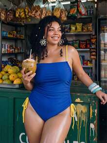 Swim Vcay Baju Renang Monokini Tanpa Punggung Model One-Piece Warna Polos untuk Wanita Ukuran Plus, Cocok untuk Liburan dan Pesta - Navy Blue - View 3
