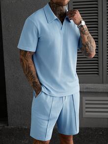 Manfinity CasualCool 男士舒适华夫格面料 Polo 领短袖 T 恤和抽绳松紧腰短裤两件套，休闲度假、聚会、外出、运动、简约办公皆宜，经典春夏短袖短裤套装，自穿或送礼皆可。 - 淺藍色 - 查看 6