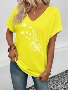 EMERY ROSE Damen V-Ausschnitt Kurzarm Manschetten Federn Muster Casual Vielseitiges T-Shirt, Frühling/Sommer - Gelb - Übersicht 3