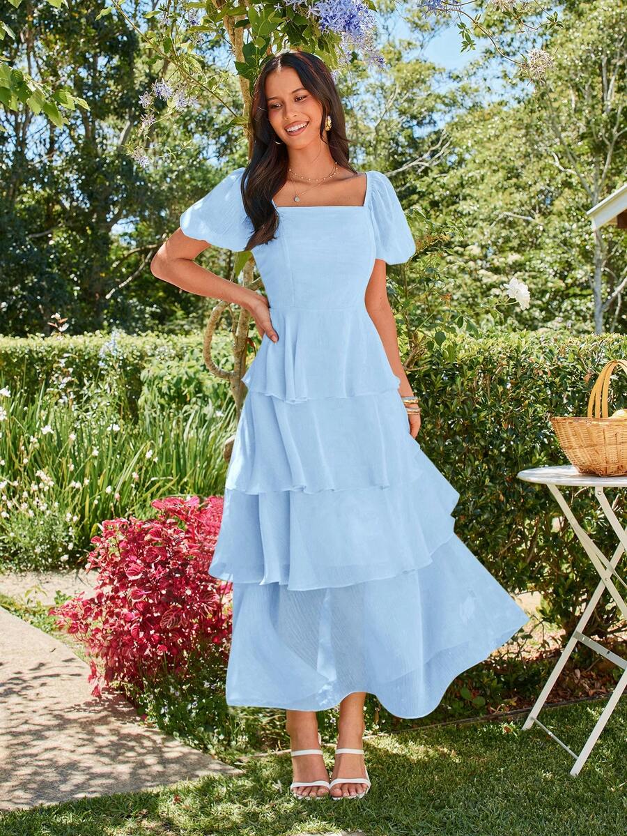 KARISMINA Solid Color Woven Square Neck Short Sleeve Layered Ruffle Hem Dress For Women, Spring/Summer Vacation Light Blue Ellegant - Baby Blue - View 1