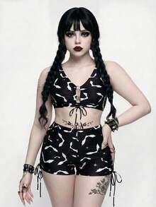 ROMWE Goth 2026春夏大码哥特蝙蝠印花泳衣套装（女款） - 黑色 - 查看 4