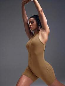 Powerista Solid Color Zipper Fitted Sleeveless Sports Jumpsuit, Summer - Brown - View 7
