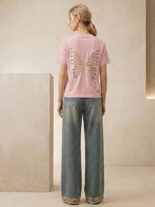 Anewsta Cute & Sexy Butterfly Embroidery Mesh Back Casual & Date T-Shirt For Women, Spring/Summer - Pink - View 6