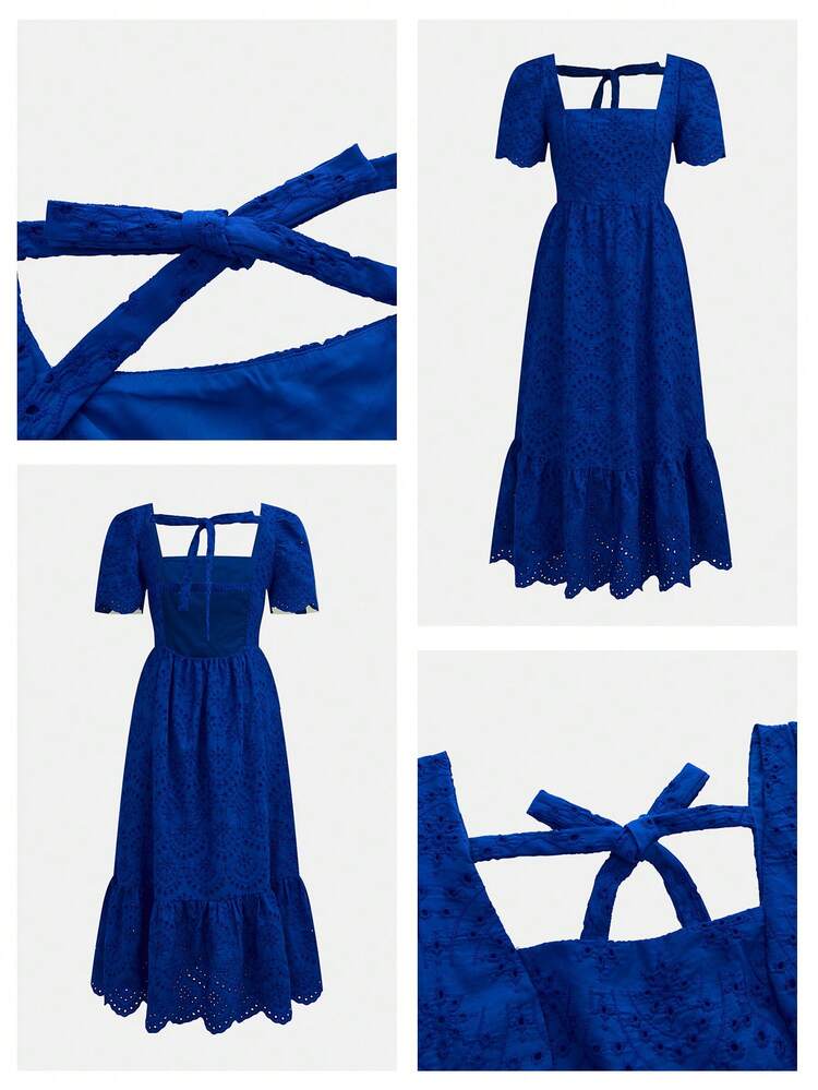 SHEIN Maija Women's Elegant Summer Sky Blue Schiffy Square Neck Petal Sleeve Cinched Waist Dress,Casual Beach Vacation Picnic Holiday Country Style Outfits