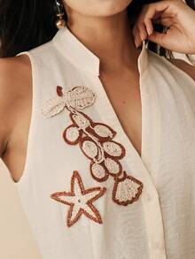 Anewsta Handgefertigtes gehäkeltes Blumen-Urlaubsstil ärmelloses Crop Top mit Stehkragen, cremeweiß, Frühling/Sommer - Aprikosenfarben - Übersicht 1