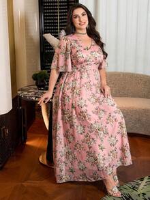 Modelyn 女士V领荷叶边短袖收腰A字浪漫优雅大码度假连衣裙，春夏款 - 彩色 - 查看 6