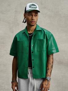 PAVTROS Men's Green PU Leather Utility Shirt,Button Front Box Cut Short Sleeve Pocket Casual Streetwear Night Summer Shades Of Green Outdoor Wear - Green - View 7