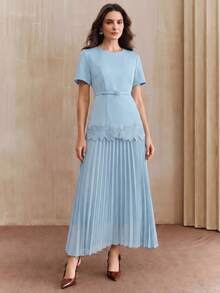 Anewsta New Elegant Modest Round Neck Short Sleeve Dress With Ruffle Hem Design, Light Blue, Comes With A Matching Belt Office Summer - Baby Blue - View 5