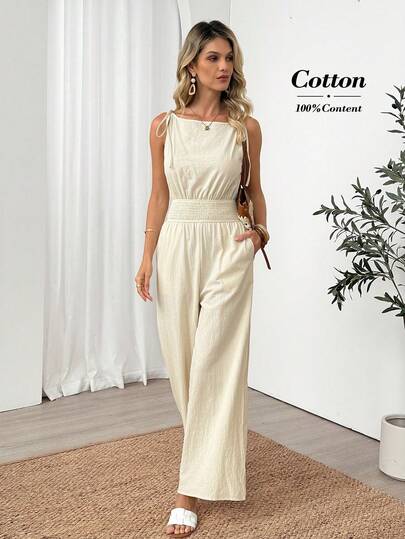 Easowa Women's Solid Color Pleated Casual Jumpsuit For Daily Wear Summer Clothes Elegant Women's Set Vacation Outfits Women Beach Outfits For Women 100% Cotton